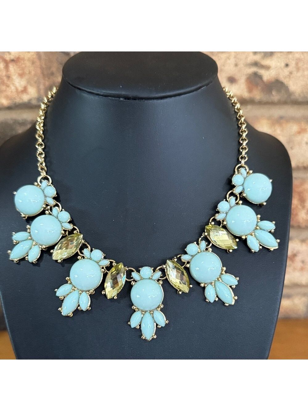 Leslie Danzis light blue and green rhinestone statement necklace